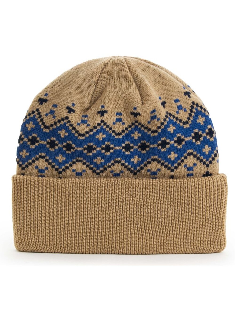 NWT RORA BASICS Tan Blue Nordic Print Beanie Cap Hat